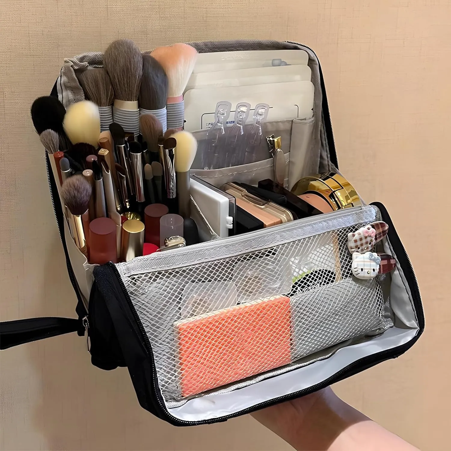 Standing Makeup Bag, Portable Multi Purpose Large Capacity with Room for Brushes and Mirror, Travel Makeup Organizer, Make Up Case, Waterproof Cosmetic Toiletry Bags with Handle (Peacock blue)