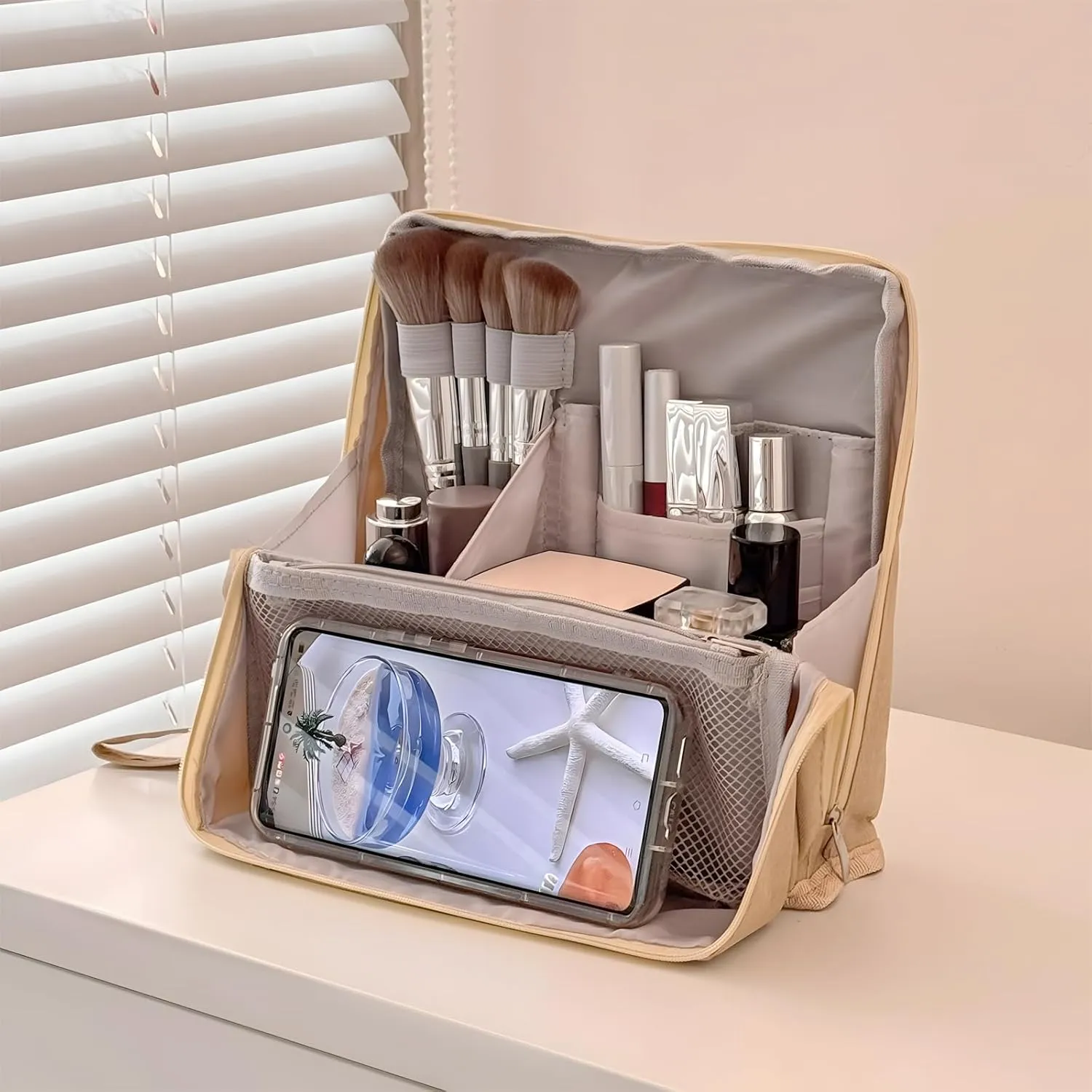 Standing Makeup Bag, Portable Multi Purpose Large Capacity with Room for Brushes and Mirror, Travel Makeup Organizer, Make Up Case, Waterproof Cosmetic Toiletry Bags with Handle (Peacock blue)