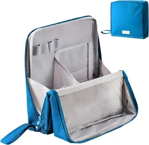 Standing Makeup Bag, Portable Multi Purpose Large Capacity with Room for Brushes and Mirror, Travel Makeup Organizer, Make Up Case, Waterproof Cosmetic Toiletry Bags with Handle (Peacock blue)