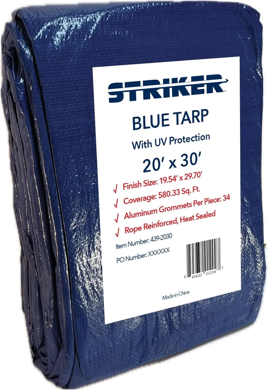 Striker Blue Tarp 20' x 30' with UV Protection, 34 Grommets, Rope Reinforced