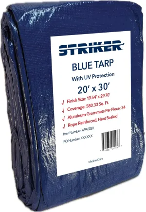 Striker Blue Tarp 20' x 30' with UV Protection, 34 Grommets, Rope Reinforced