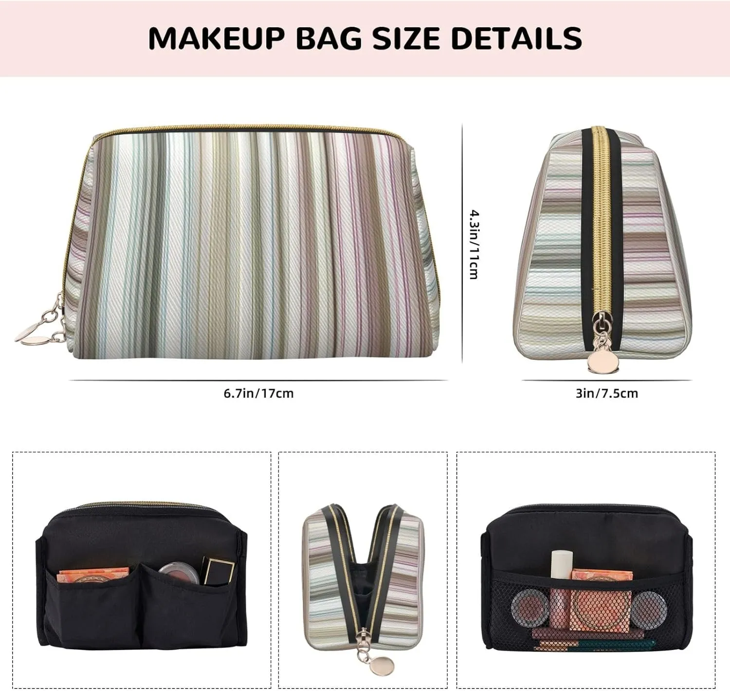 Striped. Toiletry Pouch, Travel-Friendly Makeup Organizer For Makeup Brushes, Lipsticks