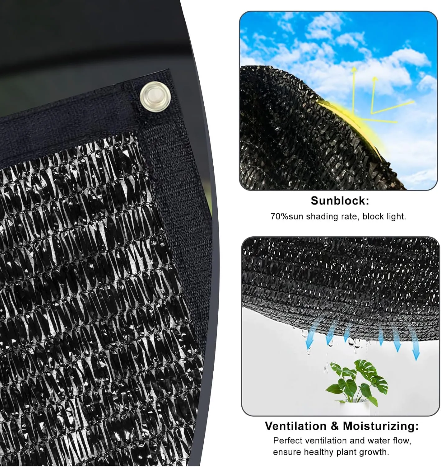 SUNNY GUARD 70% Shade Cloth, 8x20ft Mesh Tarp with Grommets, Shade Tarp for Garden, Plant, Canopy，Patio, Blackhouse, Pergola,Black