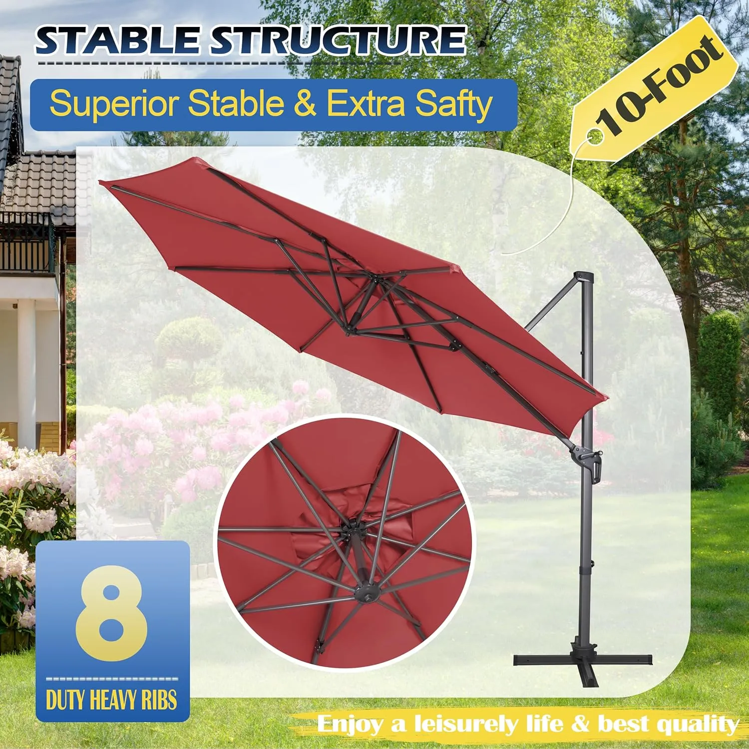 Sunnyglade 10Ft Cantilever Patio Umbrella, 360° Rotation & Integrated Tilting System Offset Umbrella with 8 Sturdy Ribs, Fade-resistant & Waterproof for Garden Backyard Poolside Deck