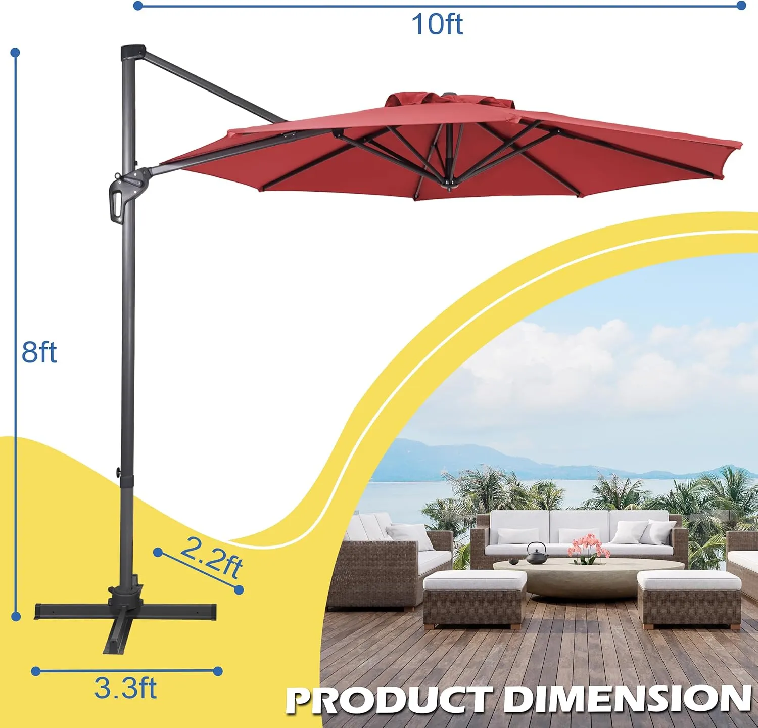 Sunnyglade 10Ft Cantilever Patio Umbrella, 360° Rotation & Integrated Tilting System Offset Umbrella with 8 Sturdy Ribs, Fade-resistant & Waterproof for Garden Backyard Poolside Deck