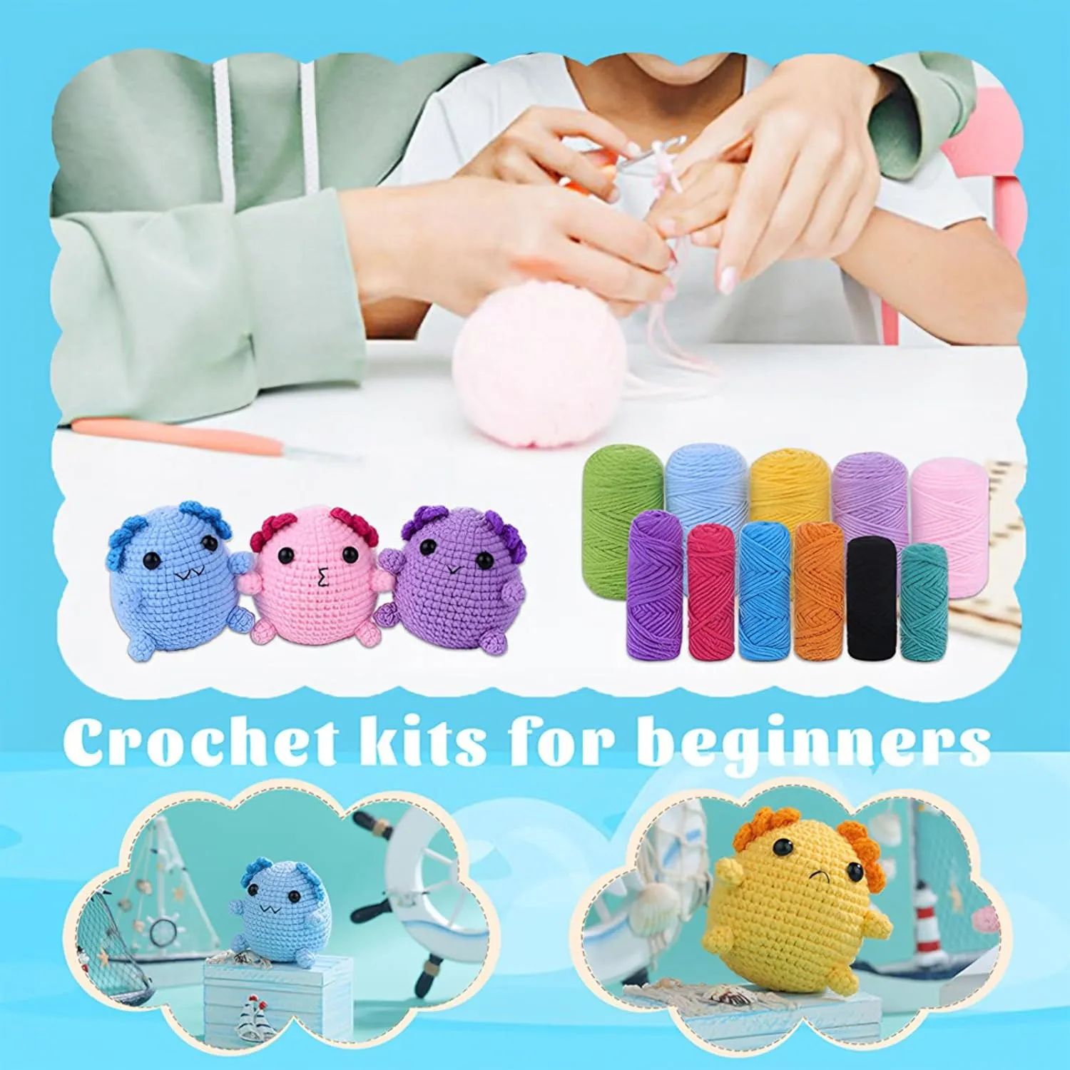 SwellishColor Crochet Kit for Beginners Kids,Crochet Starter Kits with Step-by-Step Video Tutorials,All in one Knitting Kits,Kid's DIY Crochet Animal Kit Christmas Gifts(Axolotl)