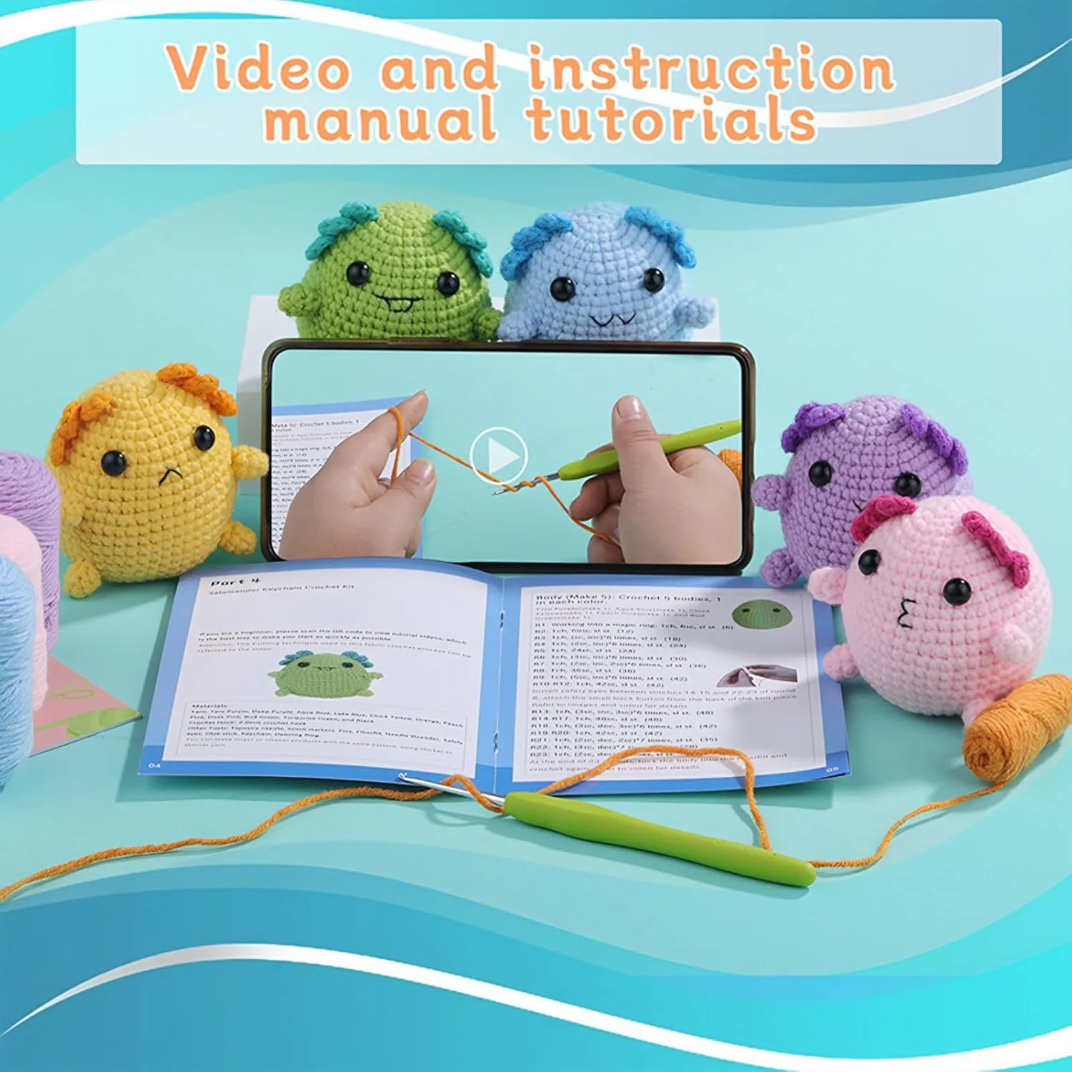 SwellishColor Crochet Kit for Beginners Kids,Crochet Starter Kits with Step-by-Step Video Tutorials,All in one Knitting Kits,Kid's DIY Crochet Animal Kit Christmas Gifts(Axolotl)