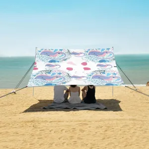 Swimming Sea Manta Ray Beach Canopy Tent Anti-UV & Wind Resistant, Pink Shells Camping Sun Shelter Easy Setup Portable,Outdoor Shade Tents with Sandbags,Sand Shovels,Ground Pegs & Stability Pole