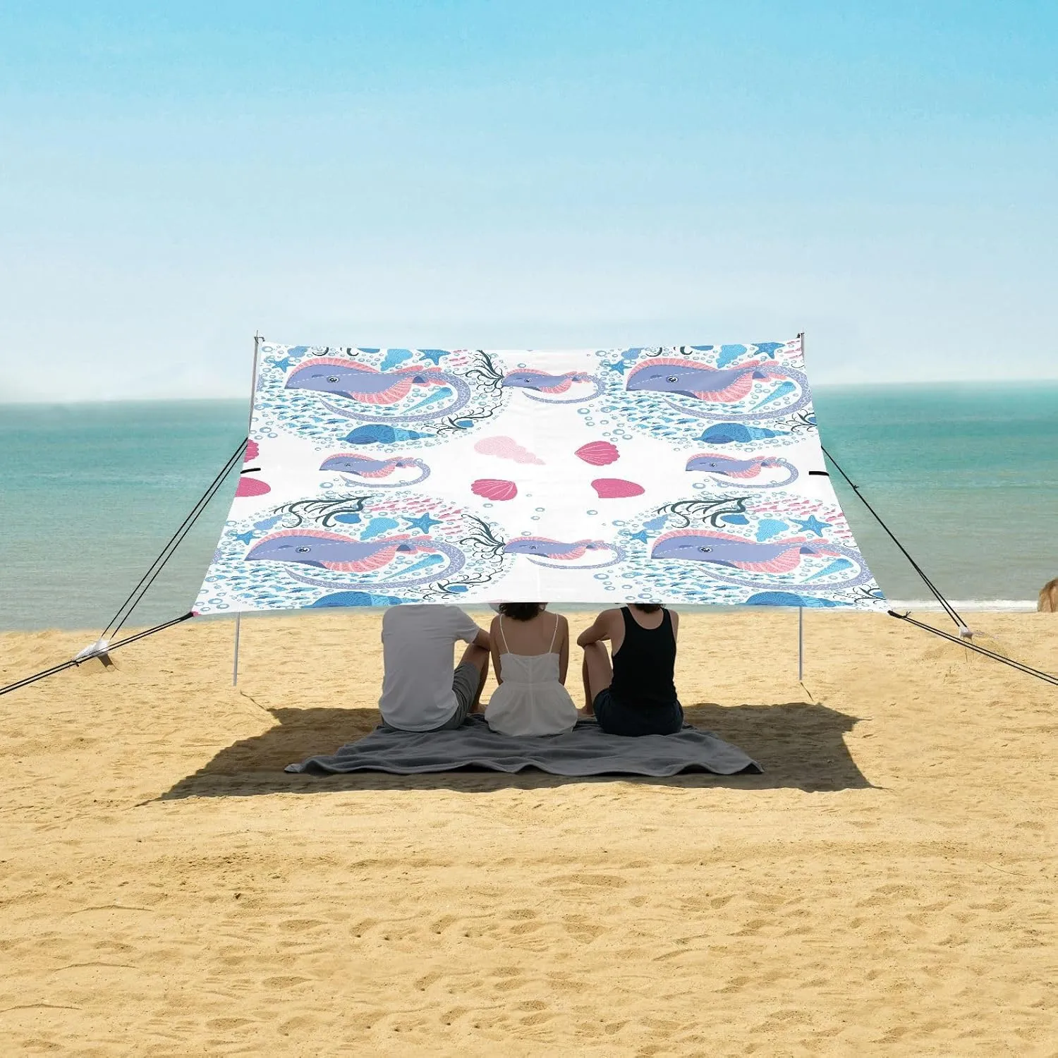 Swimming Sea Manta Ray Beach Canopy Tent Anti-UV & Wind Resistant, Pink Shells Camping Sun Shelter Easy Setup Portable,Outdoor Shade Tents with Sandbags,Sand Shovels,Ground Pegs & Stability Pole