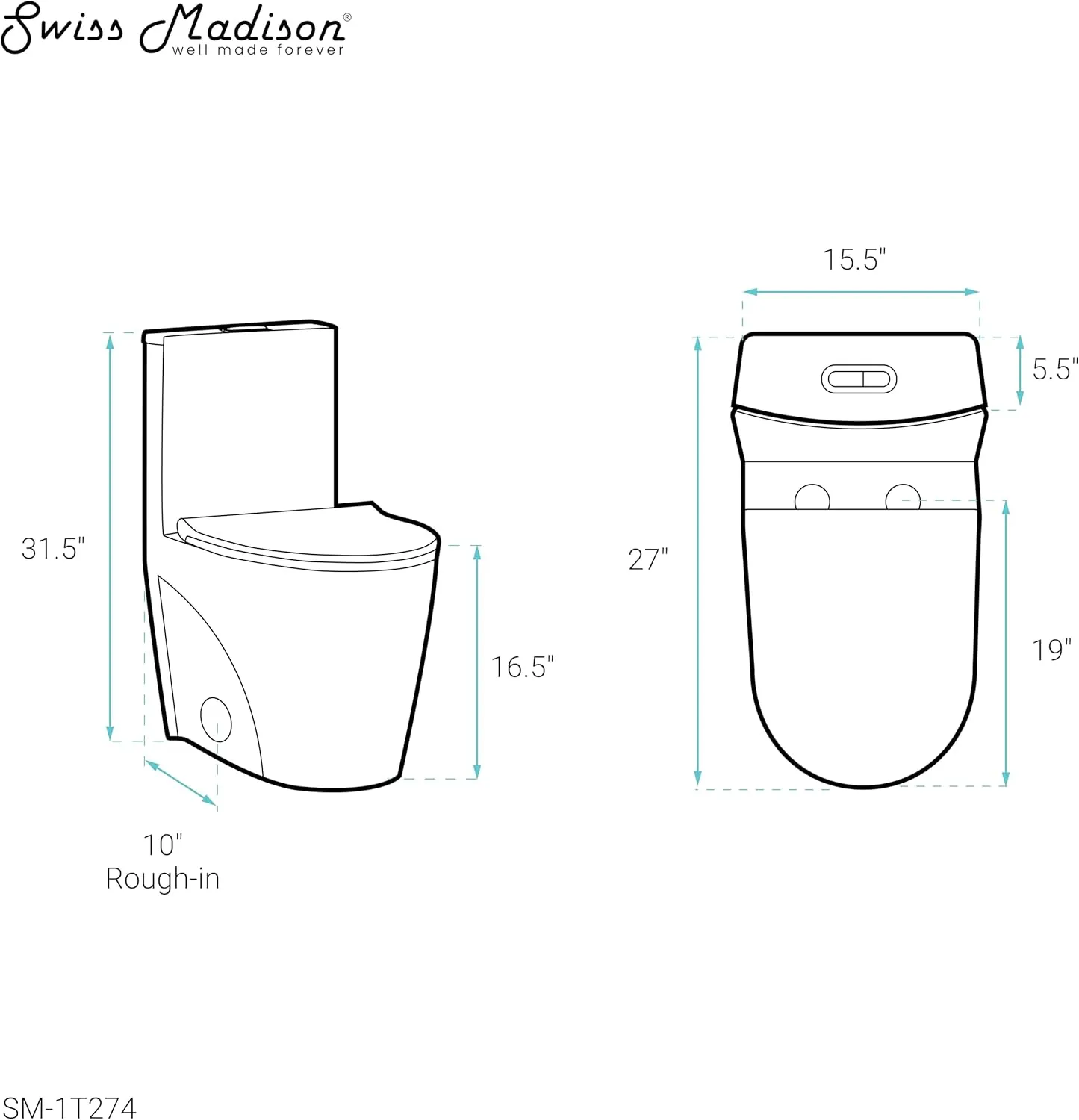 Swiss Madison Well Made Forever SM-1T274, St. Tropez One Piece Elongated Toilet Dual Vortex Flush 1.1/1.6 gpf with 10" Rough In