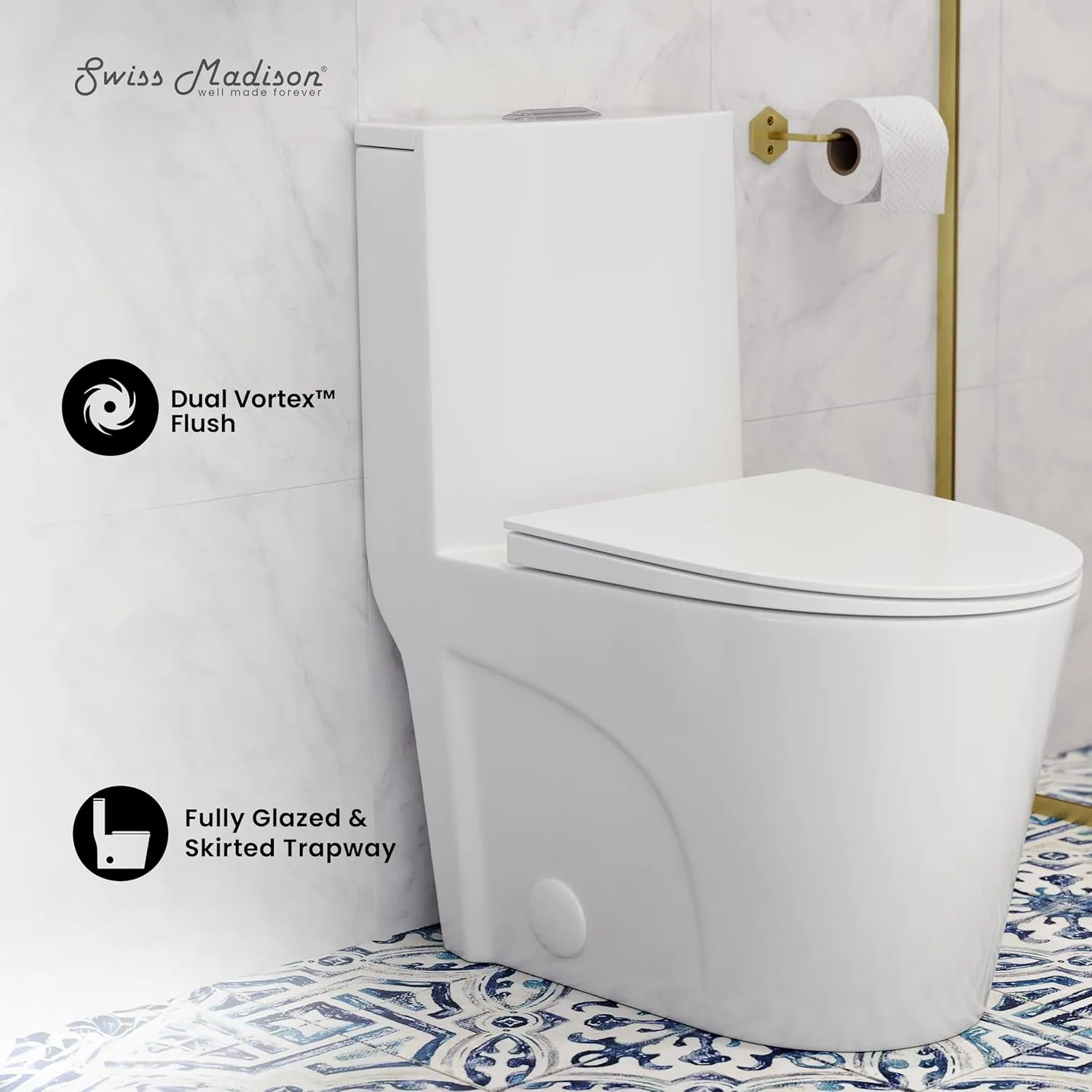 Swiss Madison Well Made Forever SM-1T274, St. Tropez One Piece Elongated Toilet Dual Vortex Flush 1.1/1.6 gpf with 10" Rough In