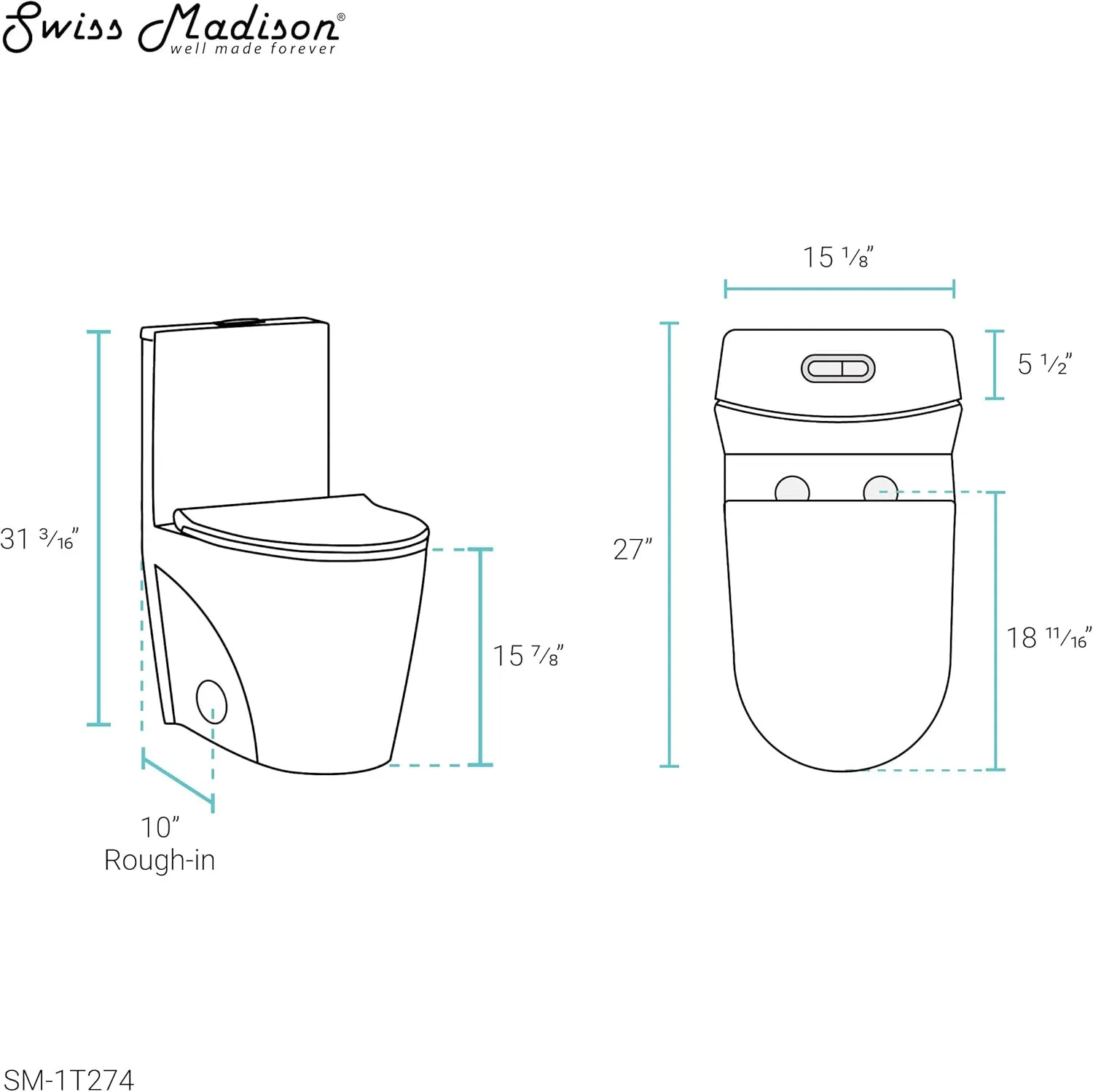 Swiss Madison Well Made Forever SM-1T274, St. Tropez One Piece Elongated Toilet Dual Vortex Flush 1.1/1.6 gpf with 10" Rough In