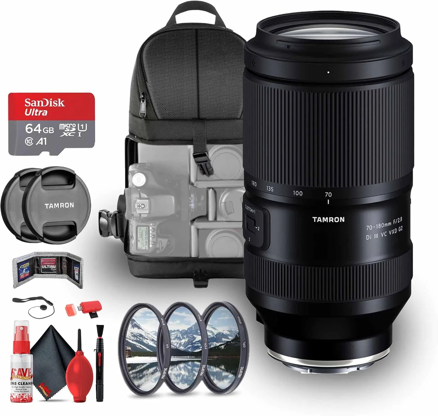 Tamron 70-180mm f/2.8 Di III VC VXD G2 Lens for Sony E (AFA065S-700) Bundle Including 64 GB Memory Card, 3-Piece Filter Kit, Backpack, Card Reader, Card Wallet, Full Cleaning Kit, Lens Caps