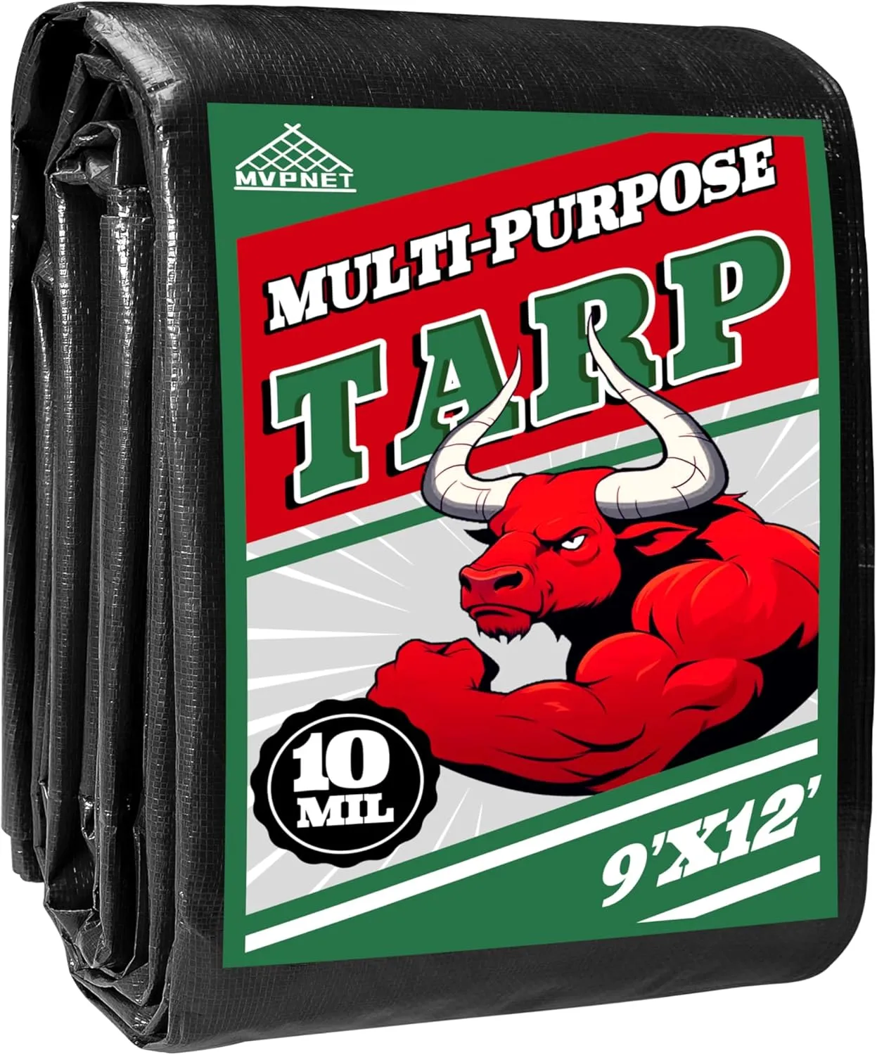 Tarp 9x12 ft Heavy Duty 100% Waterproof 10mil,UV Resistant,Durable Grommets and Reinforced Edges Green/Black Tarp for Camping, Swimming Pools,Car Coverage -by MVPNET