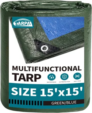 TARPAL 15x15 Feet Green Tarp Waterproof Multipurpose Protective Cover All Purpose Poly Tarps Cover for Pool, Outdoor Furniture, Camping, Firewood, Boat,Roof Waterproofing
