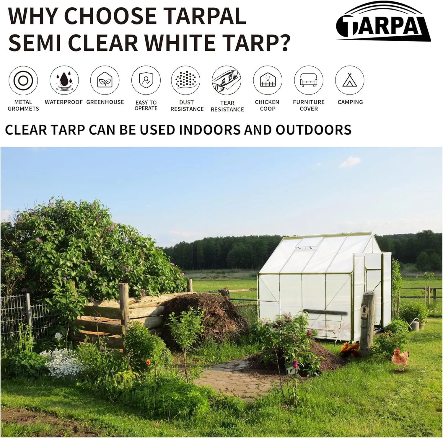 TARPAL 8'x10' Semi Clear White Tarp Waterproof Green House Cover with Grommets 7.5mil Clear Poly tarps for Gardening,Farm, Garden,Chicken Coops，Outdoor