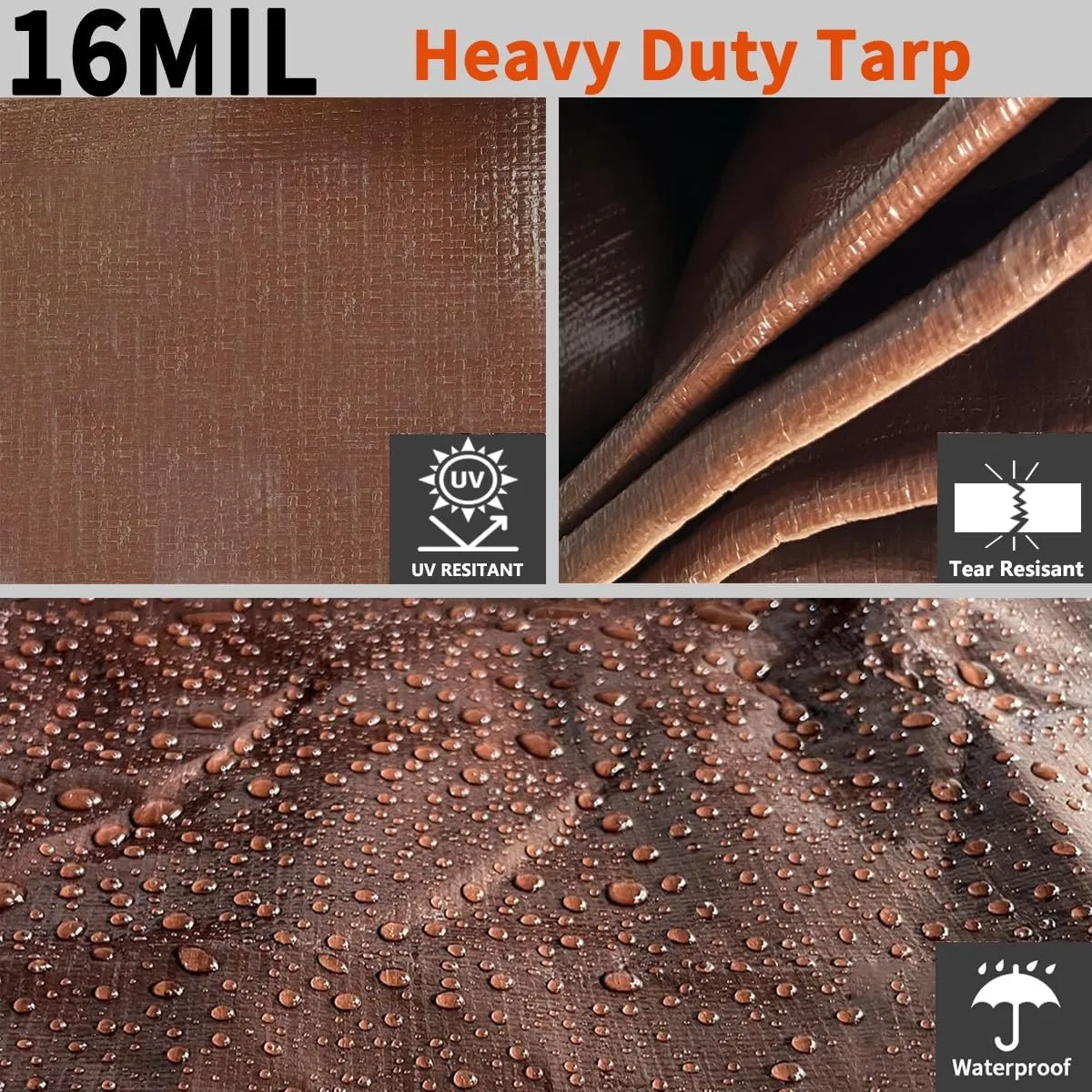 Tarps Heavy Duty Waterproof 20x30ft, 16Mil Poly Tarps with Grommets, UV Resistant, Brown Multipurpose Tarpaulin with Reinforced Edges, Camping, Outdoor Coverings