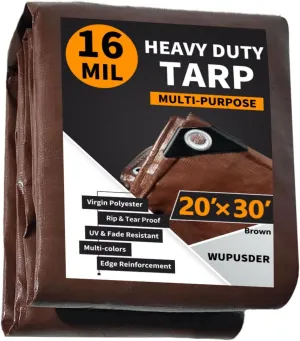 Tarps Heavy Duty Waterproof 20x30ft, 16Mil Poly Tarps with Grommets, UV Resistant, Brown Multipurpose Tarpaulin with Reinforced Edges, Camping, Outdoor Coverings