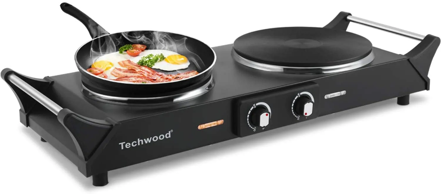 TECHWOOD Electric Stove, Double Infrared Ceramic Hot Plate for Cooking, Two Control Cooktop Burner, Portable Anti-scald handles Suitable for Office/Home/Camp Use, 1800W Compatible for All Cookwares
