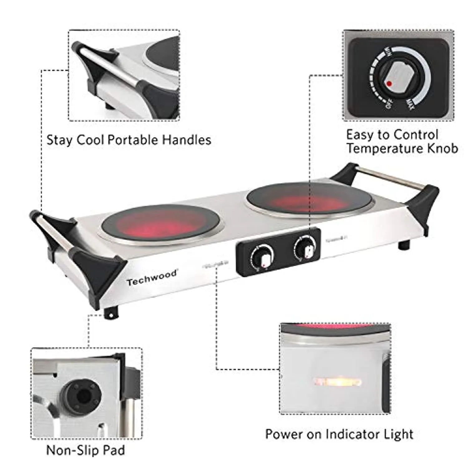 TECHWOOD Electric Stove, Double Infrared Ceramic Hot Plate for Cooking, Two Control Cooktop Burner, Portable Anti-scald handles Suitable for Office/Home/Camp Use, 1800W Compatible for All Cookwares