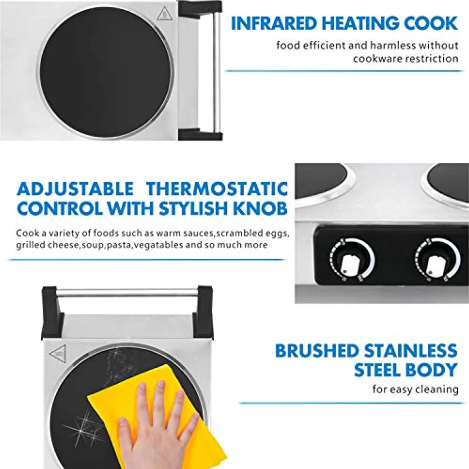 TECHWOOD Electric Stove, Double Infrared Ceramic Hot Plate for Cooking, Two Control Cooktop Burner, Portable Anti-scald handles Suitable for Office/Home/Camp Use, 1800W Compatible for All Cookwares