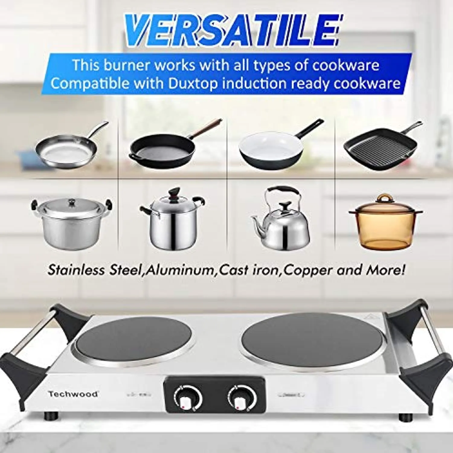 TECHWOOD Electric Stove, Double Infrared Ceramic Hot Plate for Cooking, Two Control Cooktop Burner, Portable Anti-scald handles Suitable for Office/Home/Camp Use, 1800W Compatible for All Cookwares