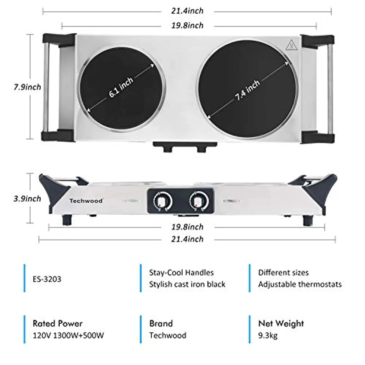 TECHWOOD Electric Stove, Double Infrared Ceramic Hot Plate for Cooking, Two Control Cooktop Burner, Portable Anti-scald handles Suitable for Office/Home/Camp Use, 1800W Compatible for All Cookwares