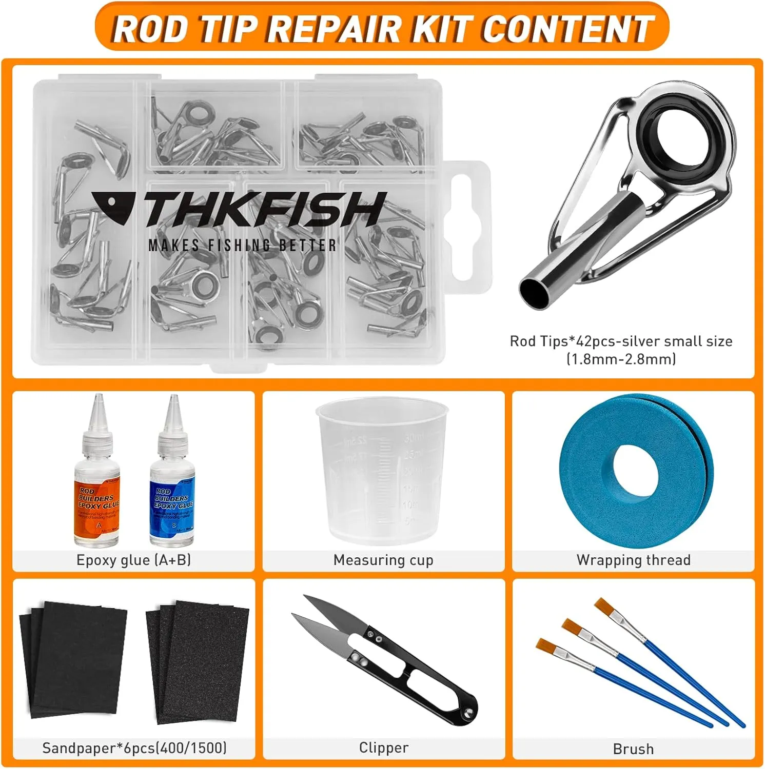 THKFISH 42pcs 6 Sizes Rod Tip Repair Kit with Glue, Fishing Rod Repair Kit Pole Tip Replacement Complete Supplies, Stainless Steel Ceramic Ring Guide Tips