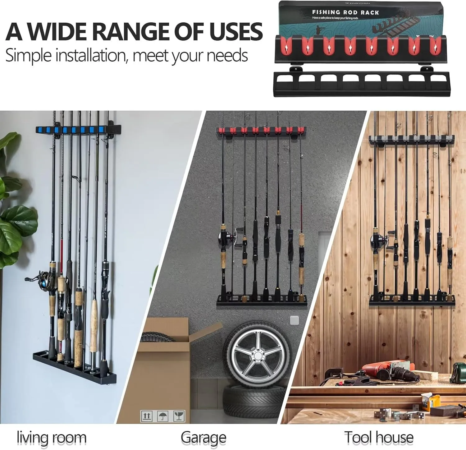 THKFISH Fishing Rod Holders Fishing Rod Rack Wall Mount Vertical Fishing Pole Holders for Garage Room, Boats Store 8 Fishing Rod Combos,1pair grey