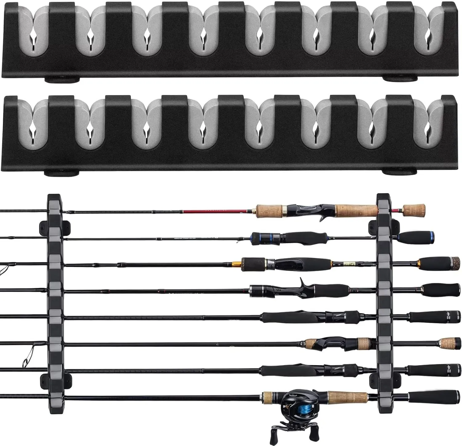 THKFISH Fishing Rod Rack Store 8 Fishing Rod Holders Rod RackWall Mount Horizontal Fishing Pole Holders for Garage Room, Boats Store 8 Fishing Rod Combos,1pair grey