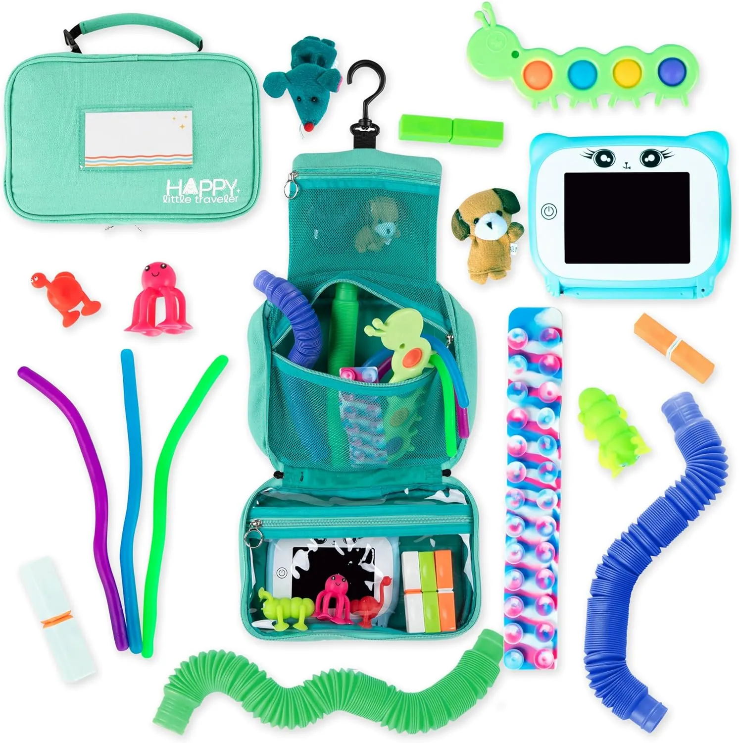 Travel Essentials for Kids – All-in-One Activity Kit for Travel, Road Trip Activities for Kids - Hanging Bag, Includes Toys and Activities for Airplanes, Hotels - Boys & Girls 1-3 Years (Seafoam)
