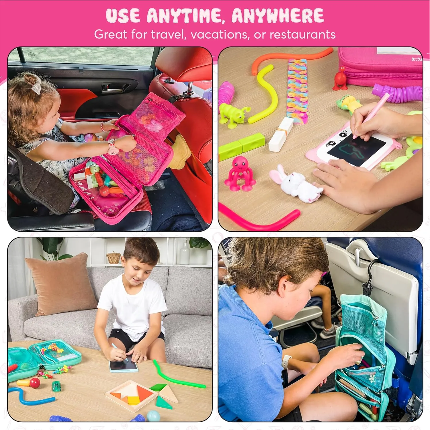 Travel Essentials for Kids – All-in-One Activity Kit for Travel, Road Trip Activities for Kids - Hanging Bag, Includes Toys and Activities for Airplanes, Hotels - Boys & Girls 1-3 Years (Seafoam)