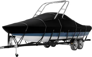 True 900D 100% Waterproof Ski&Wakeboard Tower Boat Cover Tear-Proof Trailerable Full Size Boat Cover for V-Hull,Runabouts,I/O with Ski/Wakeboard Towers and Storage Bag (20'-22'L,Beam Width to 106" W)