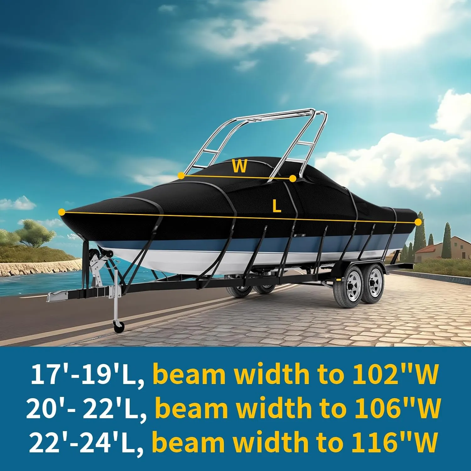 True 900D 100% Waterproof Ski&Wakeboard Tower Boat Cover Tear-Proof Trailerable Full Size Boat Cover for V-Hull,Runabouts,I/O with Ski/Wakeboard Towers and Storage Bag (20'-22'L,Beam Width to 106" W)