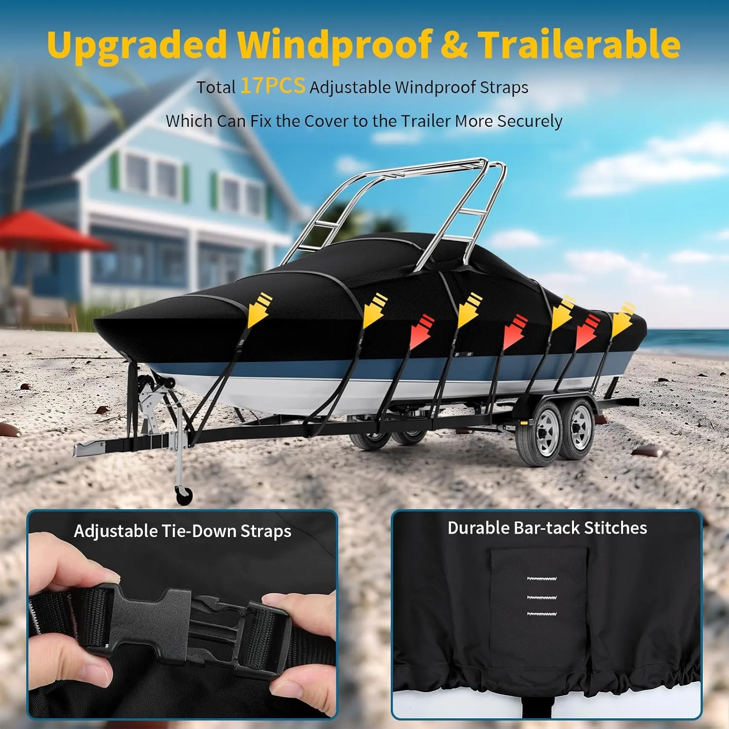 True 900D 100% Waterproof Ski&Wakeboard Tower Boat Cover Tear-Proof Trailerable Full Size Boat Cover for V-Hull,Runabouts,I/O with Ski/Wakeboard Towers and Storage Bag (20'-22'L,Beam Width to 106" W)