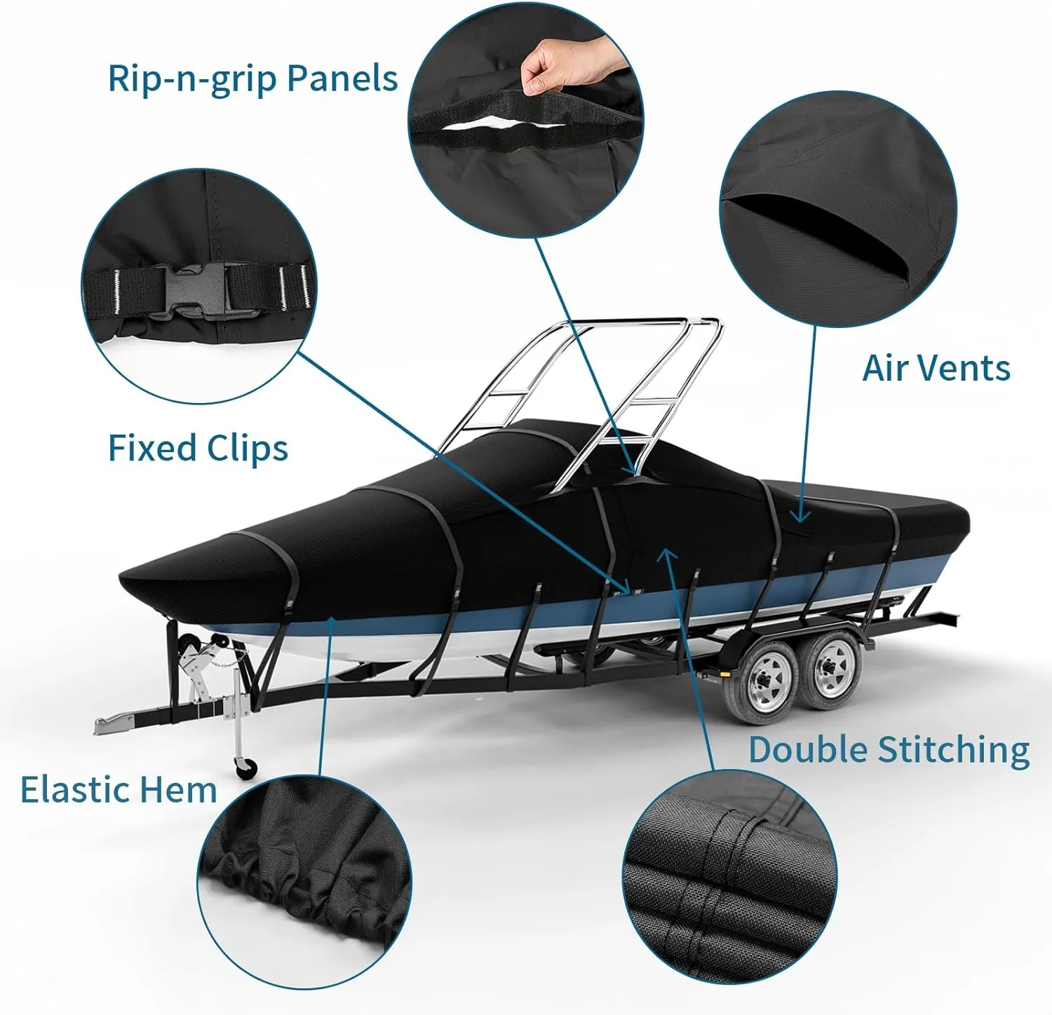 True 900D 100% Waterproof Ski&Wakeboard Tower Boat Cover Tear-Proof Trailerable Full Size Boat Cover for V-Hull,Runabouts,I/O with Ski/Wakeboard Towers and Storage Bag (20'-22'L,Beam Width to 106" W)