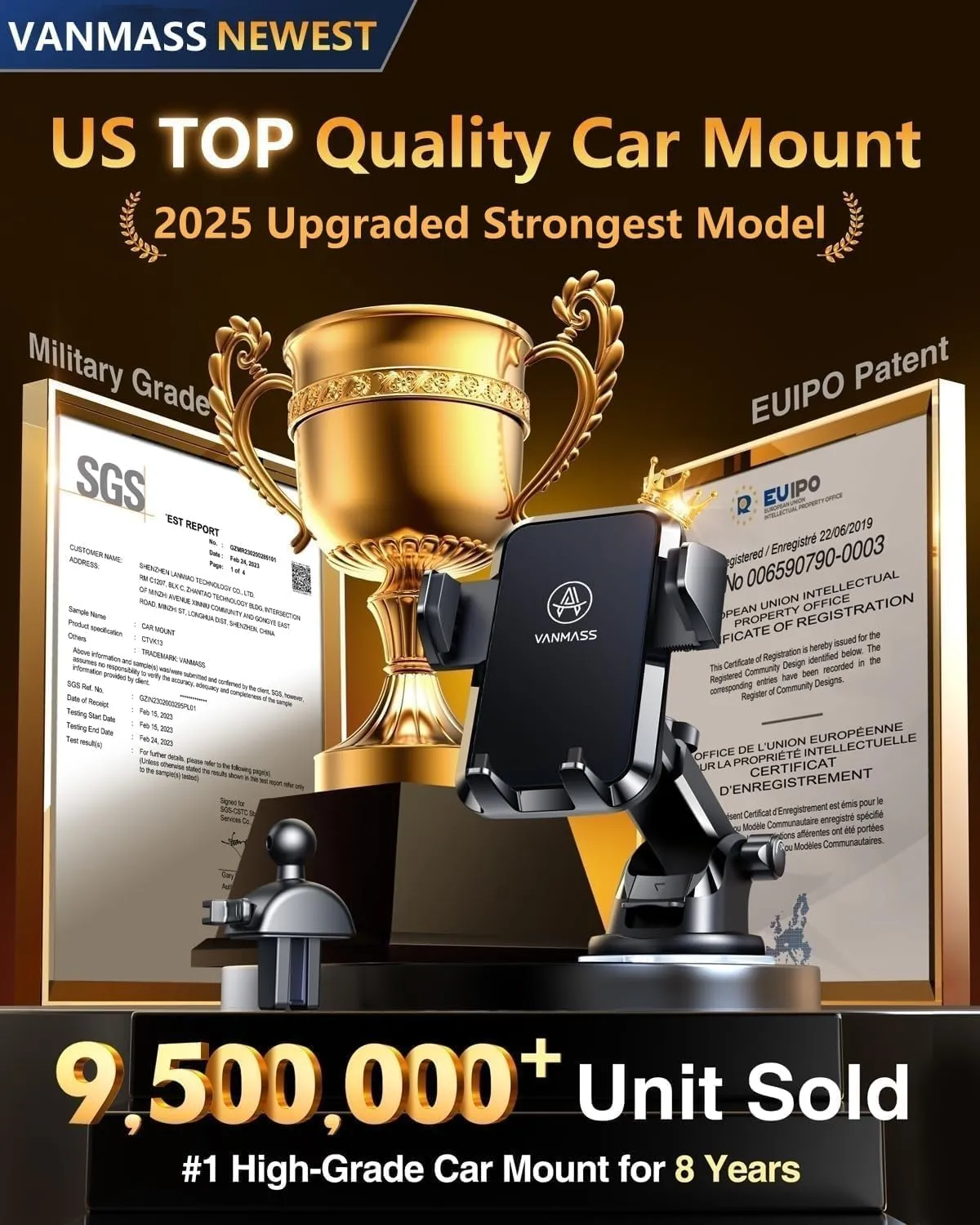 [True Anti-Vibration] Car Phone Holder VANMASS【2025 Ultimate Military-Grade Upgraded】Suction Cell Mount Truck Stand Cradle for Dashboard Windshield Vent for iPhone 16 Pro Max 15 14 13 Samsung Android