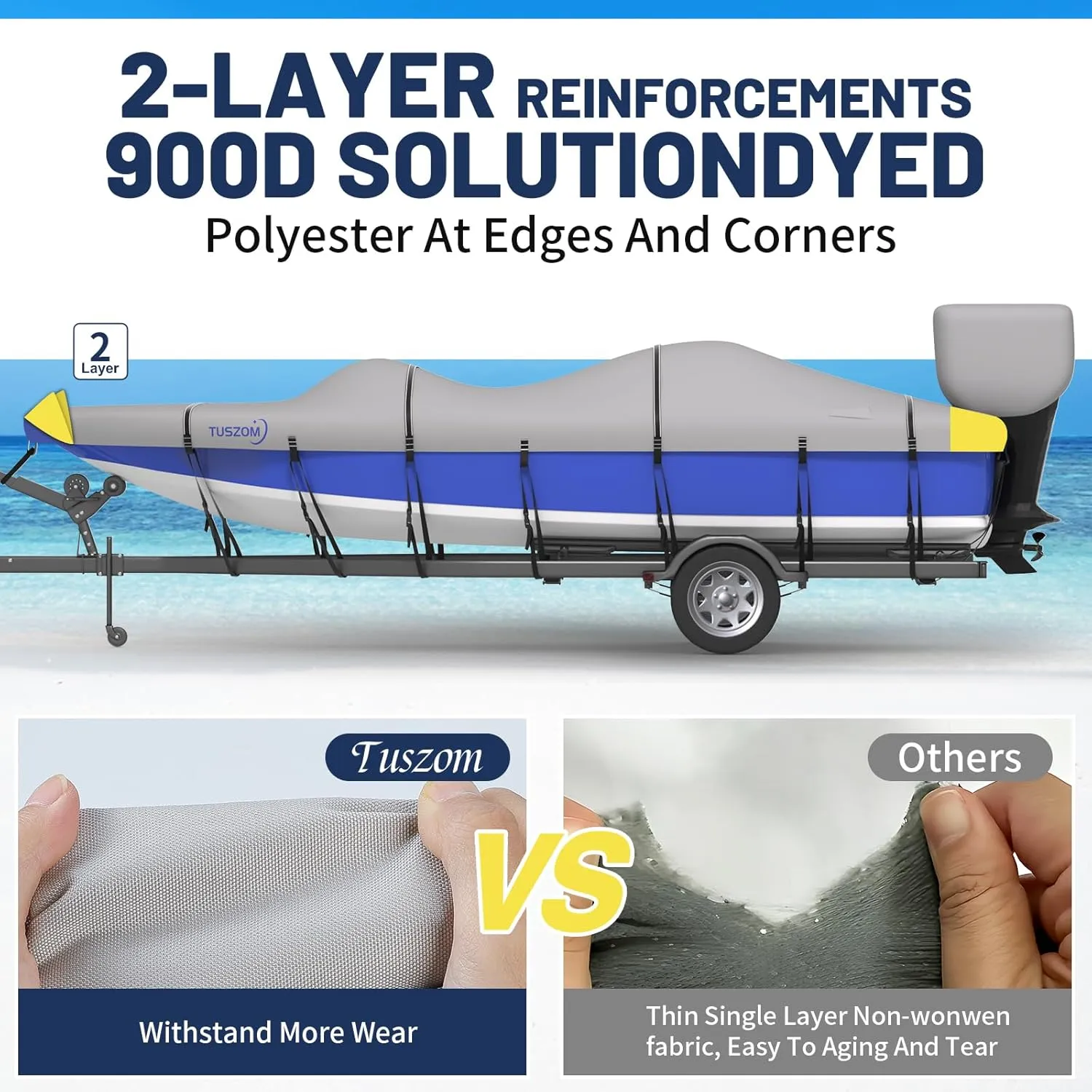 Tuszom Custom Fit Bass Boat Cover with Motor Cover, True 900D Solution-Dyed Bass Tracker Boat Cover Fits 16 ft - 18.5 ft Long, 98 in Wide Boat - Waterproof & Trailerable with 17 Windproof Straps