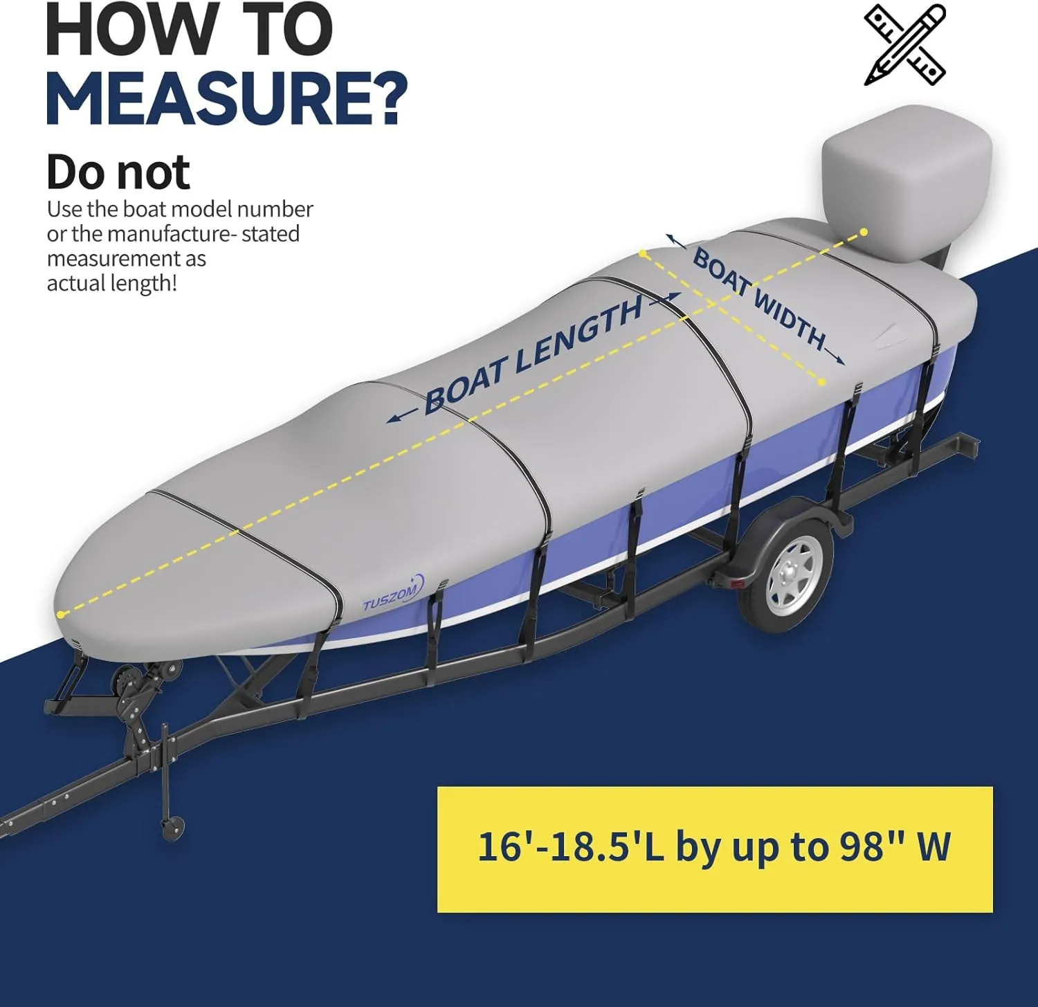 Tuszom Custom Fit Bass Boat Cover with Motor Cover, True 900D Solution-Dyed Bass Tracker Boat Cover Fits 16 ft - 18.5 ft Long, 98 in Wide Boat - Waterproof & Trailerable with 17 Windproof Straps