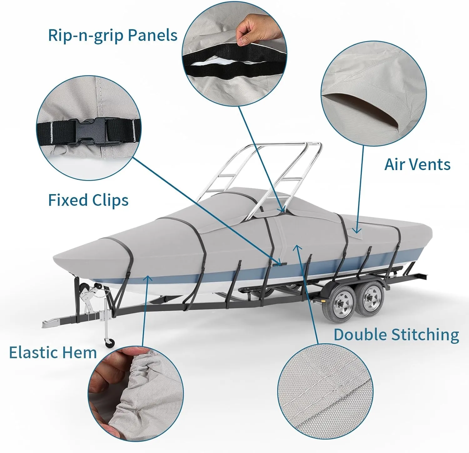 Tuszom True 900D Solution Dyed Waterproof Ski&Wakeboard Tower Boat Cover with Fully Windproof Straps and Storage Bag Fit 20'- 22'L beam width to 106"W, Trailerable V-Hull Runabouts OutBoards and I/O
