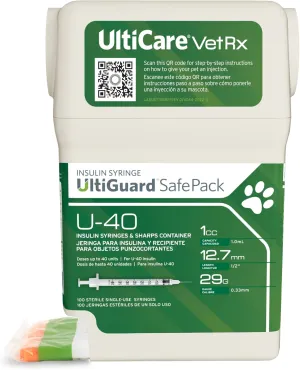 UltiCare VetRx U-40 UltiGuard Safe Pack Pet Insulin Syringes 1cc, 29G x 1/2", 100ct