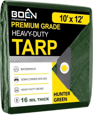 Ultra Heavy Duty Tarp Waterproof Large Cover | Hunter Green, 10' x 12' 16 Mil Thick | Rip Proof Tarps | Thick Weave Material, UV Resistant Great for Tarpaulin Canopy Tent, Boat, RV or Pool Cover