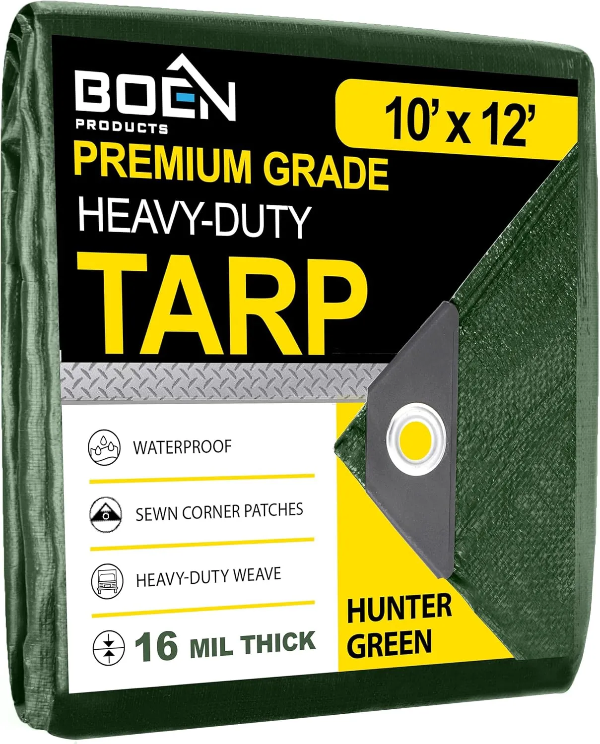 Ultra Heavy Duty Tarp Waterproof Large Cover | Hunter Green, 10' x 12' 16 Mil Thick | Rip Proof Tarps | Thick Weave Material, UV Resistant Great for Tarpaulin Canopy Tent, Boat, RV or Pool Cover