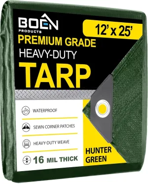 Ultra Heavy Duty Tarp Waterproof Large Cover | Hunter Green, 12' x 25 16 Mil Thick | Rip Proof Tarps | Thick Weave Material, UV Resistant Great for Tarpaulin Canopy Tent, Boat, RV or Pool Cover