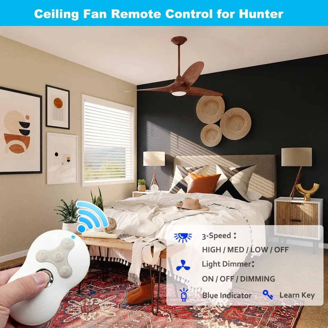 Universal Ceiling Fan Remote Control Kit, Compatible with Hunter, Harbor Breeze, Hampton Bay, 3-Speed Control with Dimmer, Works wtih Hunter 99122 99123 99600, Learn Key
