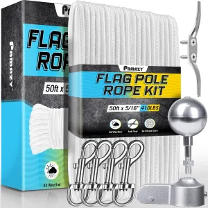 [Upgraded] 5/16” 50Ft Flagpole Rope Kit with 4Pcs 3.3” Swivel Snap Hook, Ball Truck, Cleat, High Weight Bearing Flag Pole Halyard Nylon Rope Anti-Tear Flagpole Hardware Accessories Replacement Kit