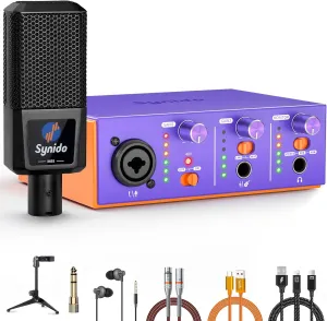 USB-C Audio Interface Bundle, All-in-One Audio Interface with XLR Dynamic Microphone, 48V Phantom Power, Stand, Monitor Earphone, Adapter Cables, perfect for PC Recording Podcasting, Purple