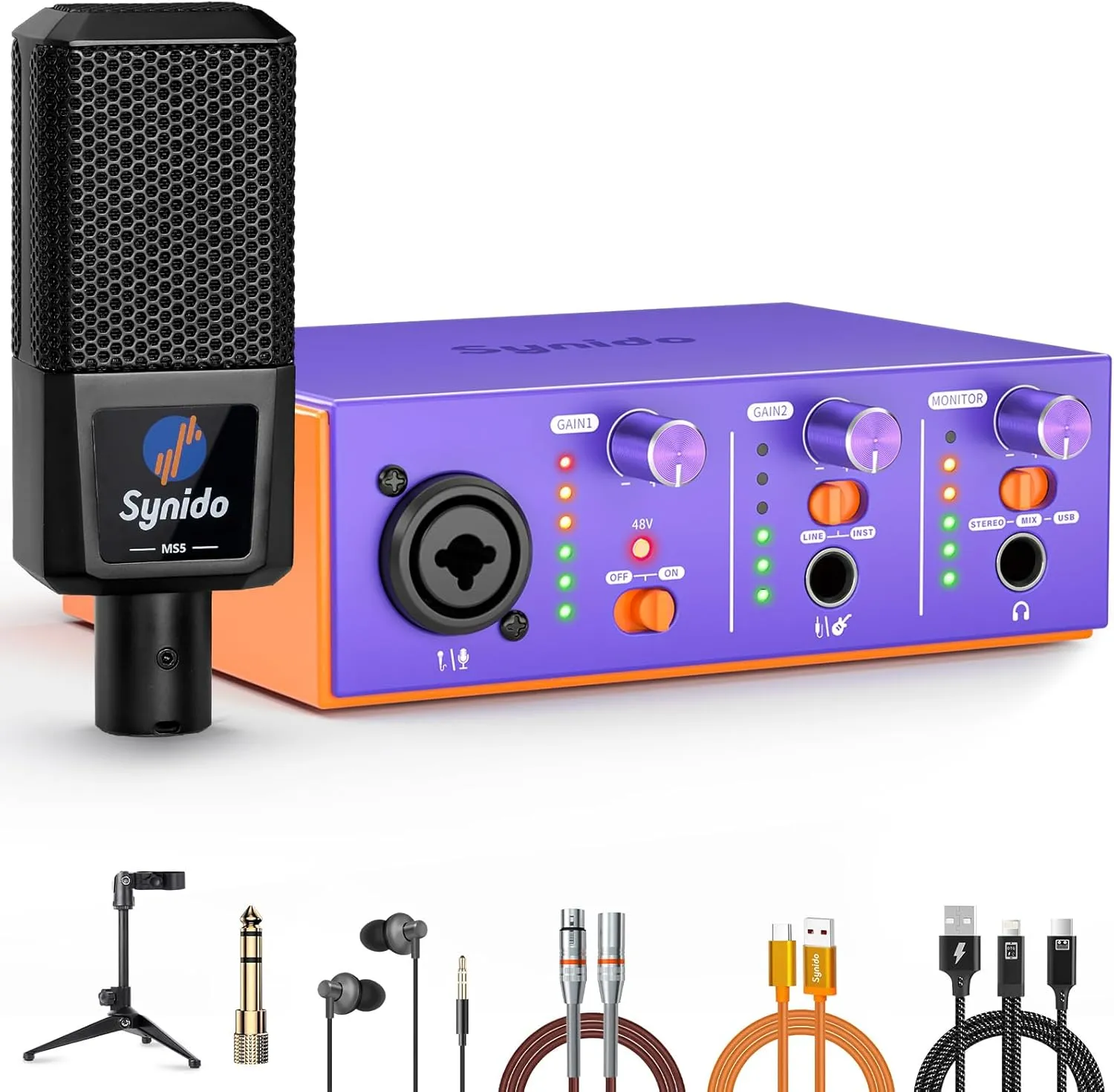 USB-C Audio Interface Bundle, All-in-One Audio Interface with XLR Dynamic Microphone, 48V Phantom Power, Stand, Monitor Earphone, Adapter Cables, perfect for PC Recording Podcasting, Purple
