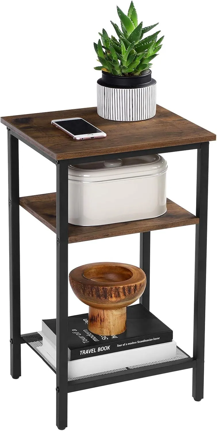 VASAGLE End Table Set of 2, 3-Tier Nightstands, Side Table for Small Space in Living Room, Bedroom, Steel Frame, Easy Assembly, 2-Pack, Chestnut Brown