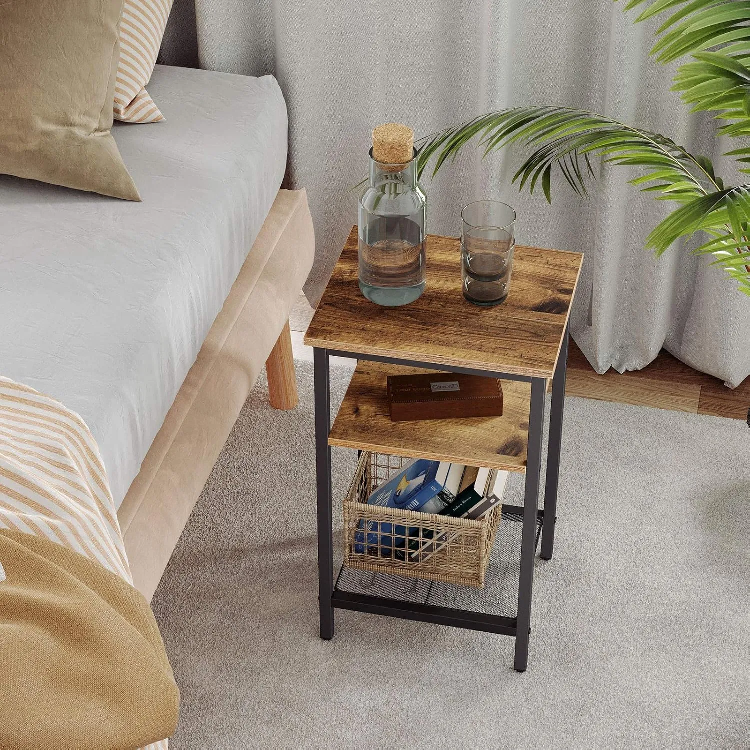 VASAGLE End Table Set of 2, 3-Tier Nightstands, Side Table for Small Space in Living Room, Bedroom, Steel Frame, Easy Assembly, 2-Pack, Chestnut Brown